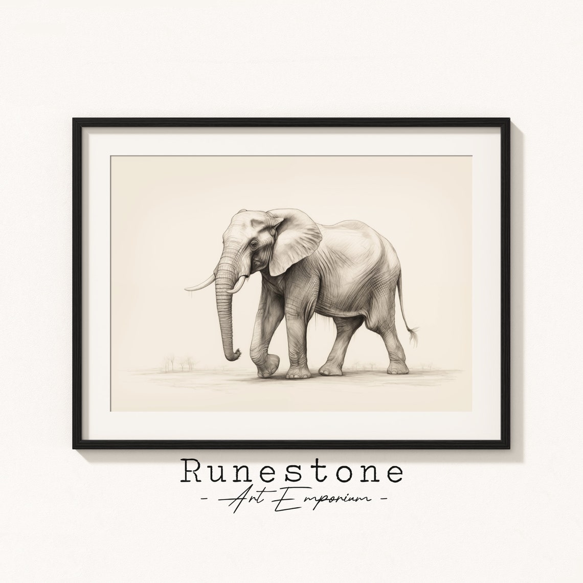 African Elephant Walking Pencil Sketch Minimal Safari Art Poster