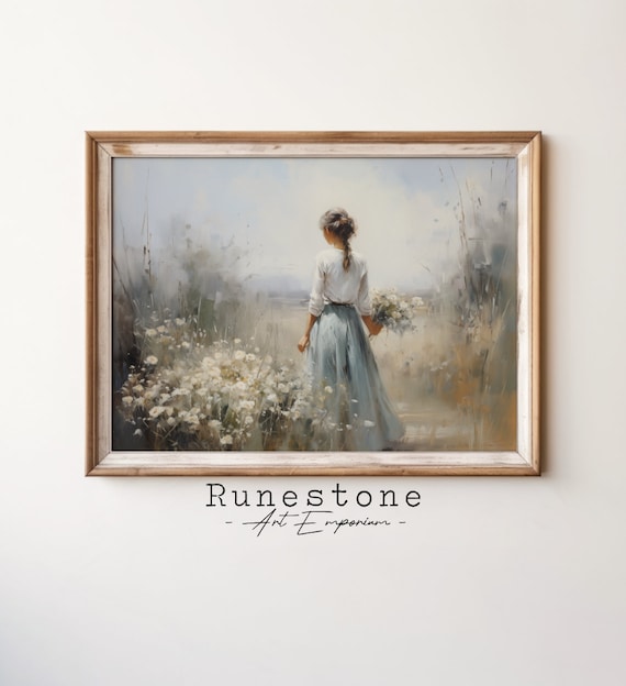 Woman Gathering White Flowers Meadow Vintage Soft Oil Painting Poster