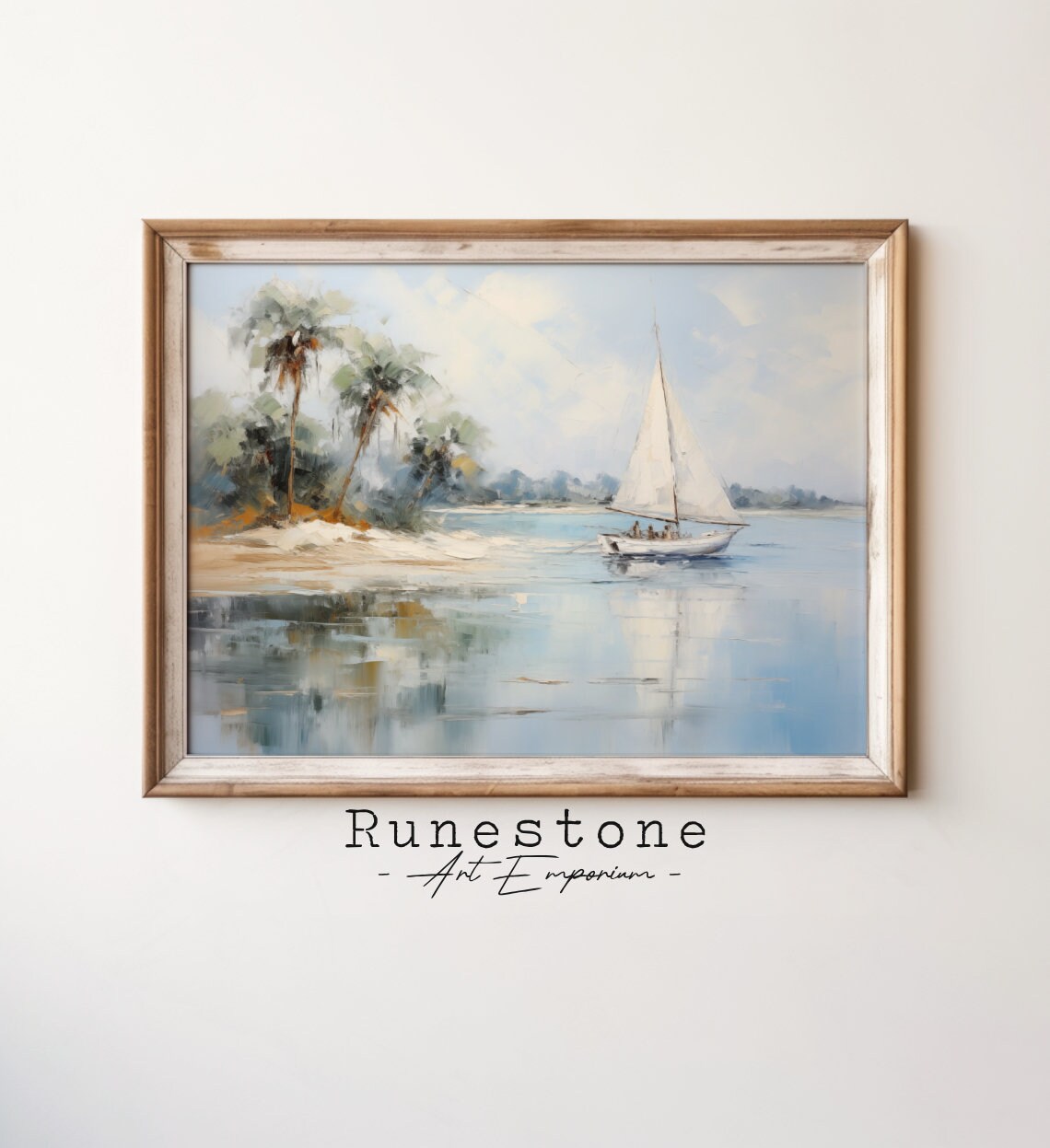 Sailboat Palm Shore Calm Tropical Bay Serene Seascape Painting Poster