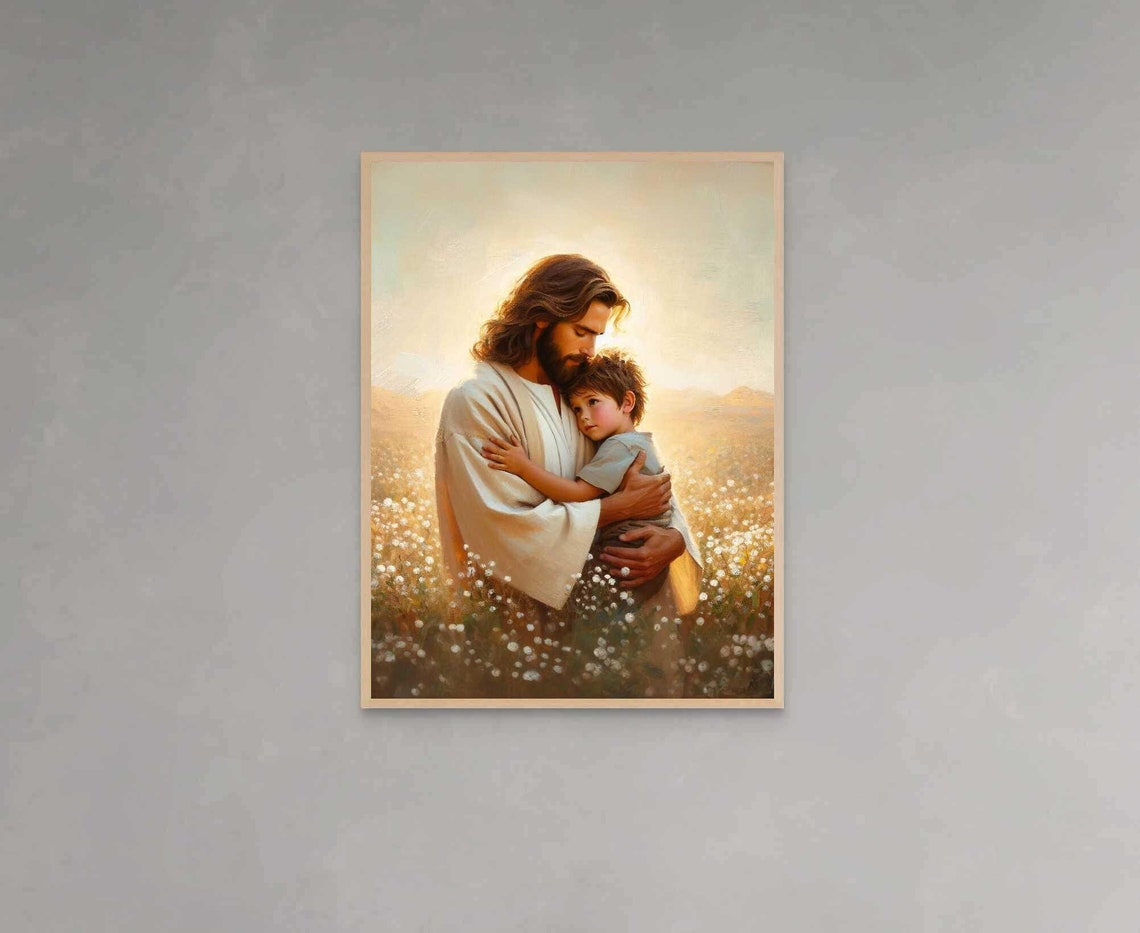 Jesus Hugging Boy in Flower Field at Sunset Christian Poster