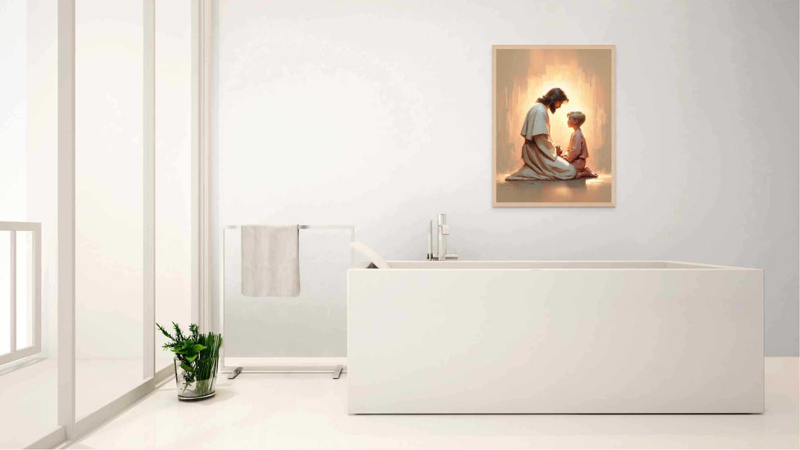 Jesus Praying With Boy Golden Light Christian Nursery Art Poster - Image 3