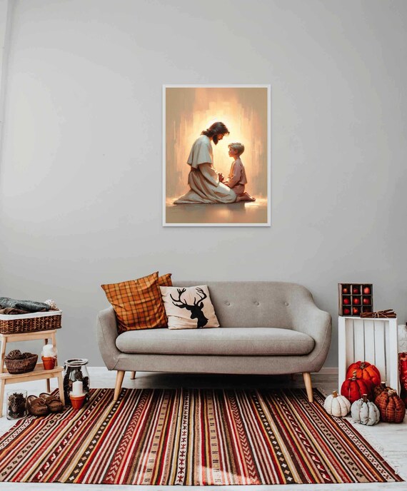 Jesus Praying With Boy Golden Light Christian Nursery Art Poster