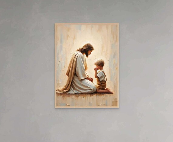 Jesus Kneeling in Prayer with Young Boy Soft Christian Poster