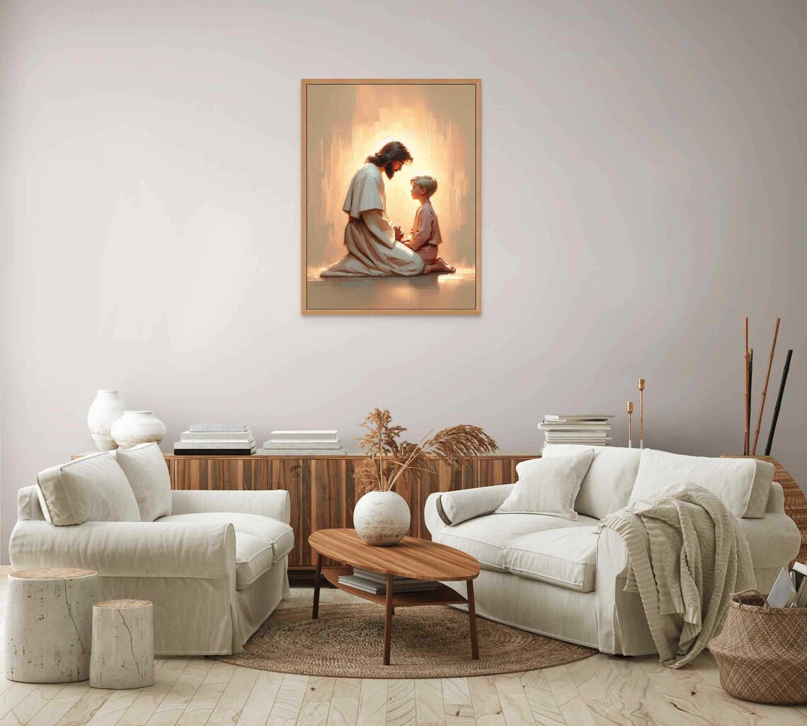 Jesus Praying With Boy Golden Light Christian Nursery Art Poster - Image 6