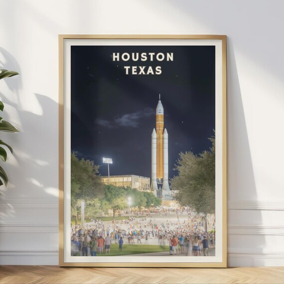Houston Texas Poster Space Center Wall Art Rocket Launchpad Print Astronaut Travel Decor Night Sky Exploration Launch Home Office Art