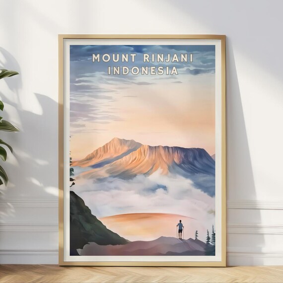 Mount Rinjani Indonesia Poster Volcano Hike Wall Art Lombok Travel Print Adventure Landscape Decor Sunrise Trek Cabin Lodge Office Art