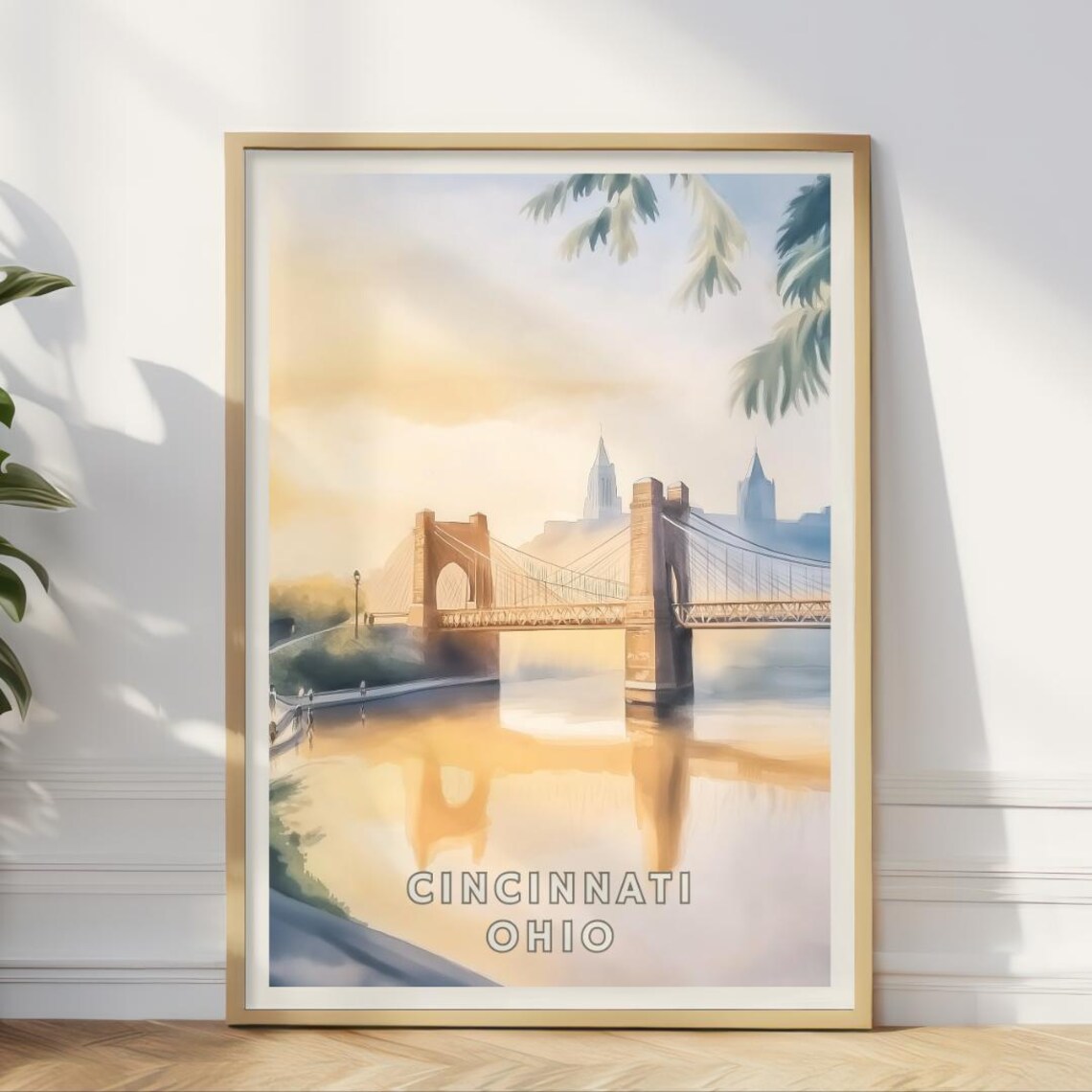 Cincinnati Ohio, Roebling Bridge River Travel Poster