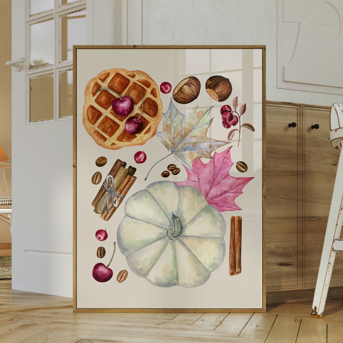 Cozy Fall Watercolor White Pumpkin Waffle Harvest Kitchen Print - Image 3