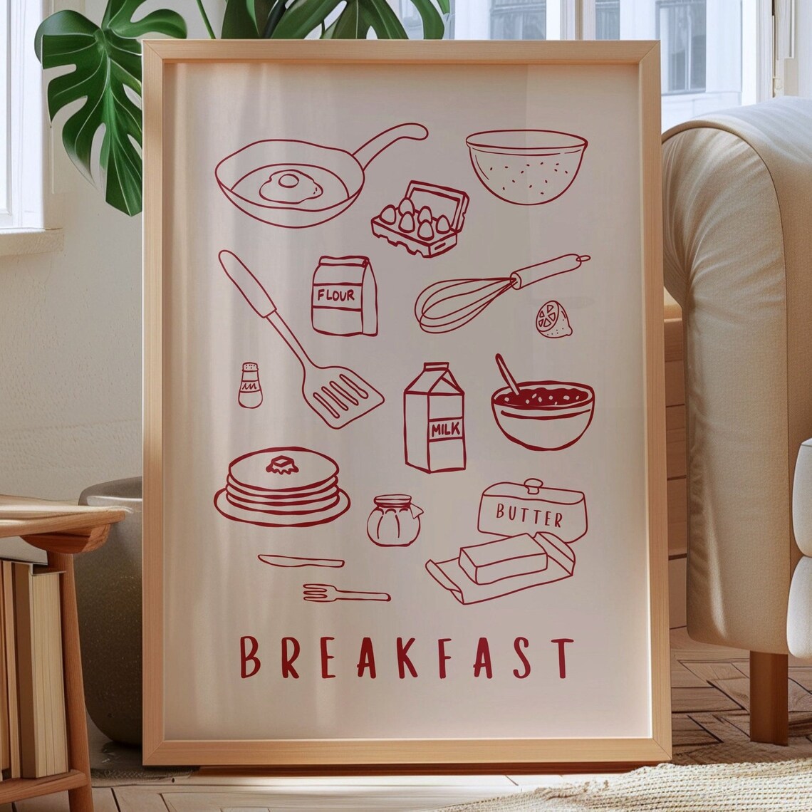 Hand Drawn Breakfast Food Icons Minimalist Red Line Art Poster