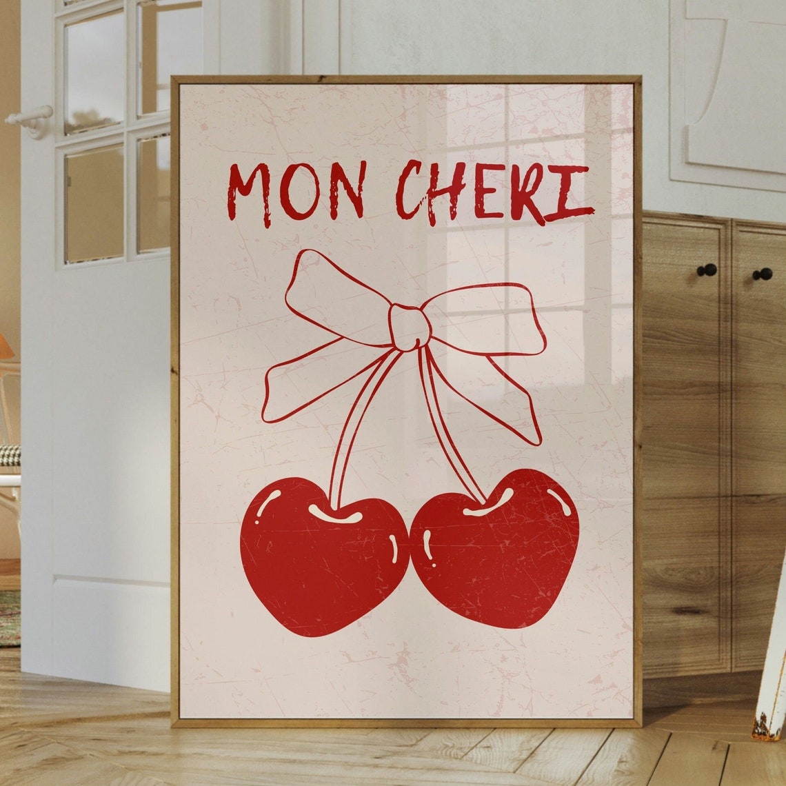 Mon Cheri Red Cherries Bow Coquette French Kitchen Wall Poster