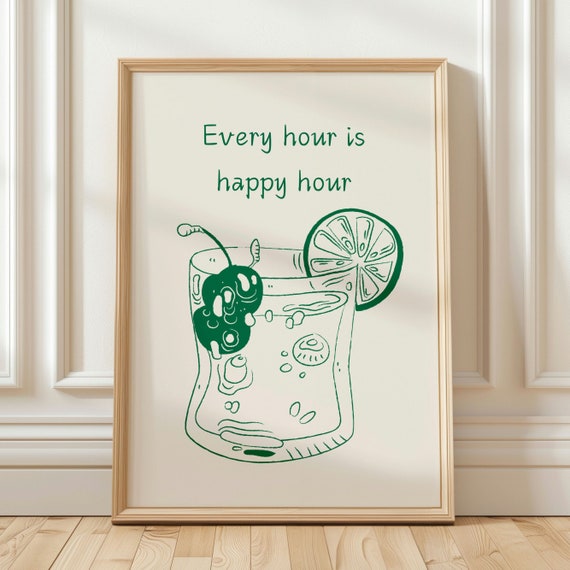 Happy Hour Print Green Bar Cart Wall Art Cute Drink Poster Hand Drawn Art Aesthetic Bar Cart Decor Trendy Poster Minimalist Art Print