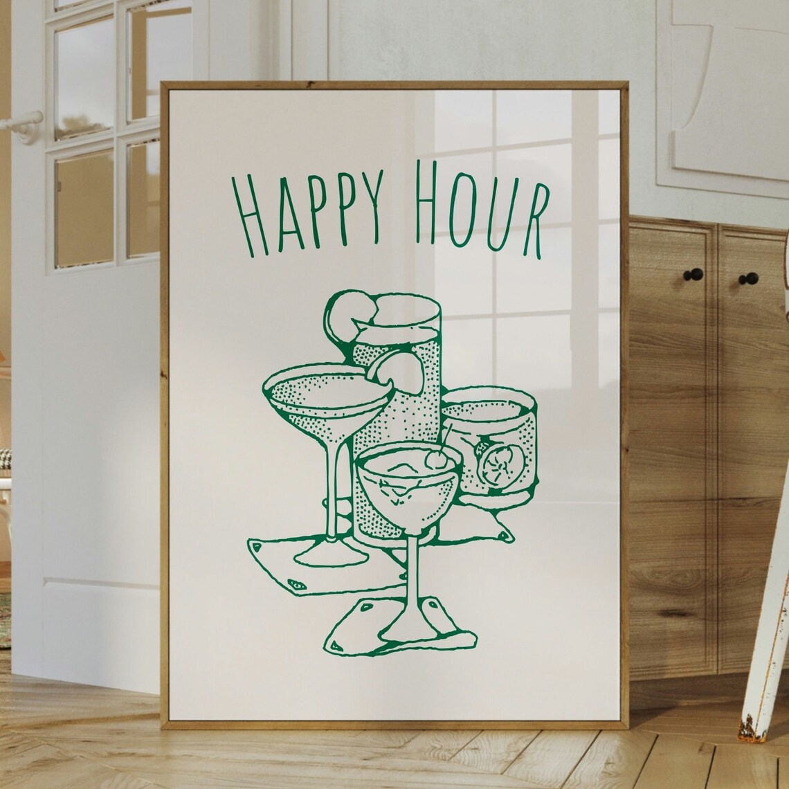 Happy Hour Trendy Green Cocktail Line Drawing Bar Cart Print - Image 3