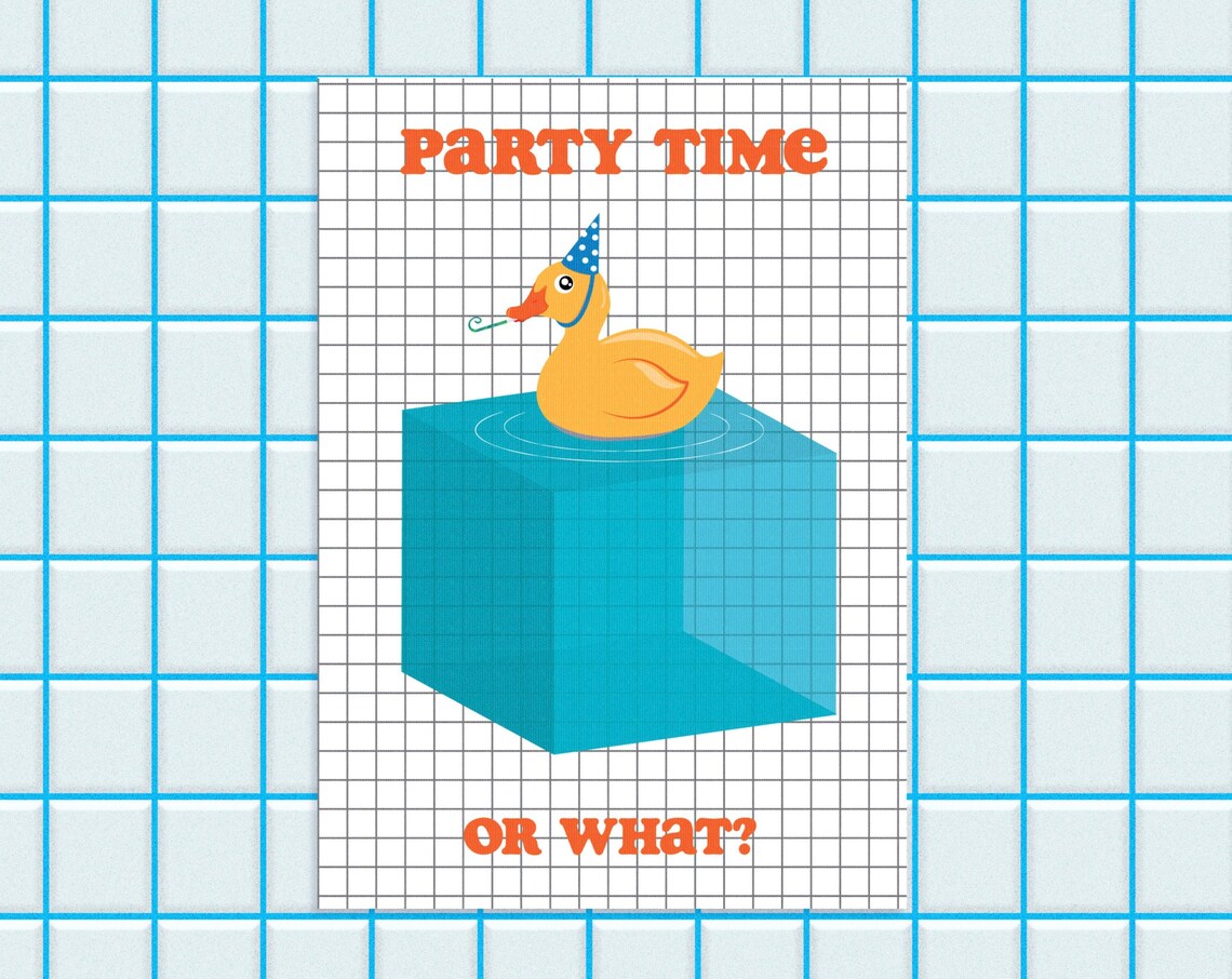 Party Time Rubber Duckie Birthday Card Funny Duck Art Poster