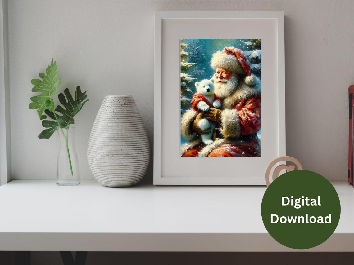 Santa Claus Holding Baby Polar Bear Snowy Winter Night Poster - Image 2
