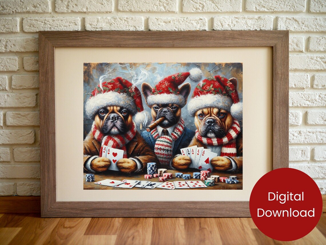 French Bulldogs Playing Poker In Santa Hats Christmas Dog Poster
