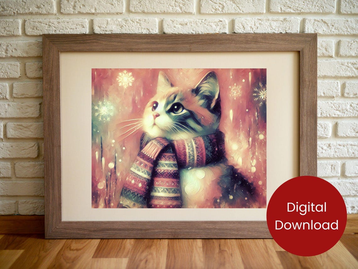 Kitten in a Knit Scarf Pastel Winter Watercolor Painting Poster