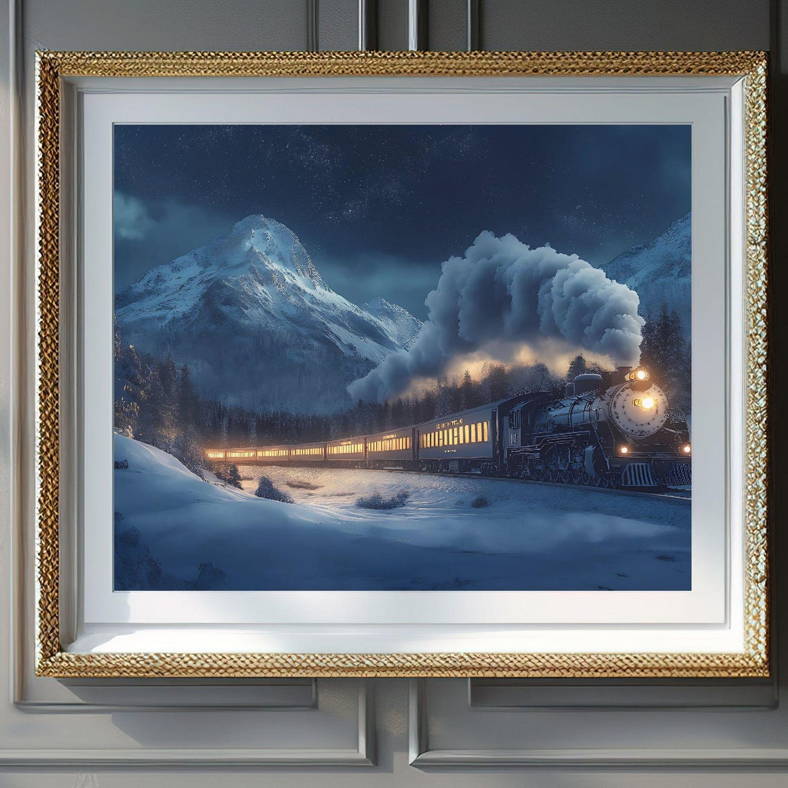 Steam Train Glowing Windows Snowy Mountains Starry Night Poster