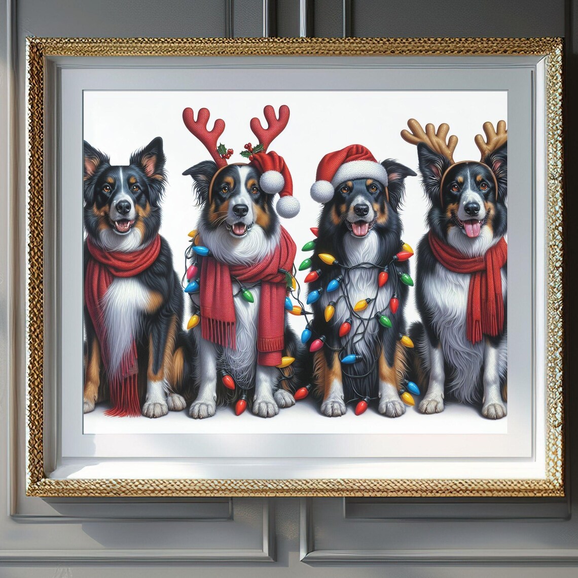 Four Border Collies in Christmas Scarves Lights Dogs Wall Art