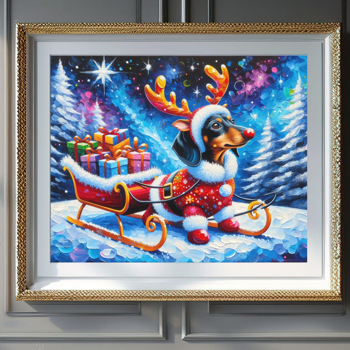 Dachshund Reindeer Pulling Sleigh Gifts Snow Night Festive Poster