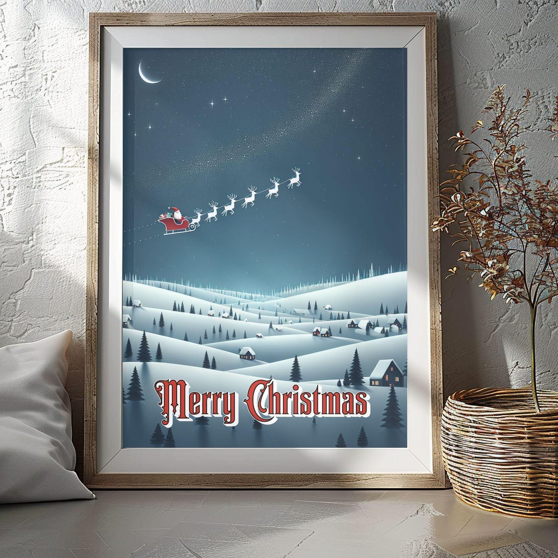 Santa Sleigh Reindeer Merry Christmas Text Starry Night Sky Poster