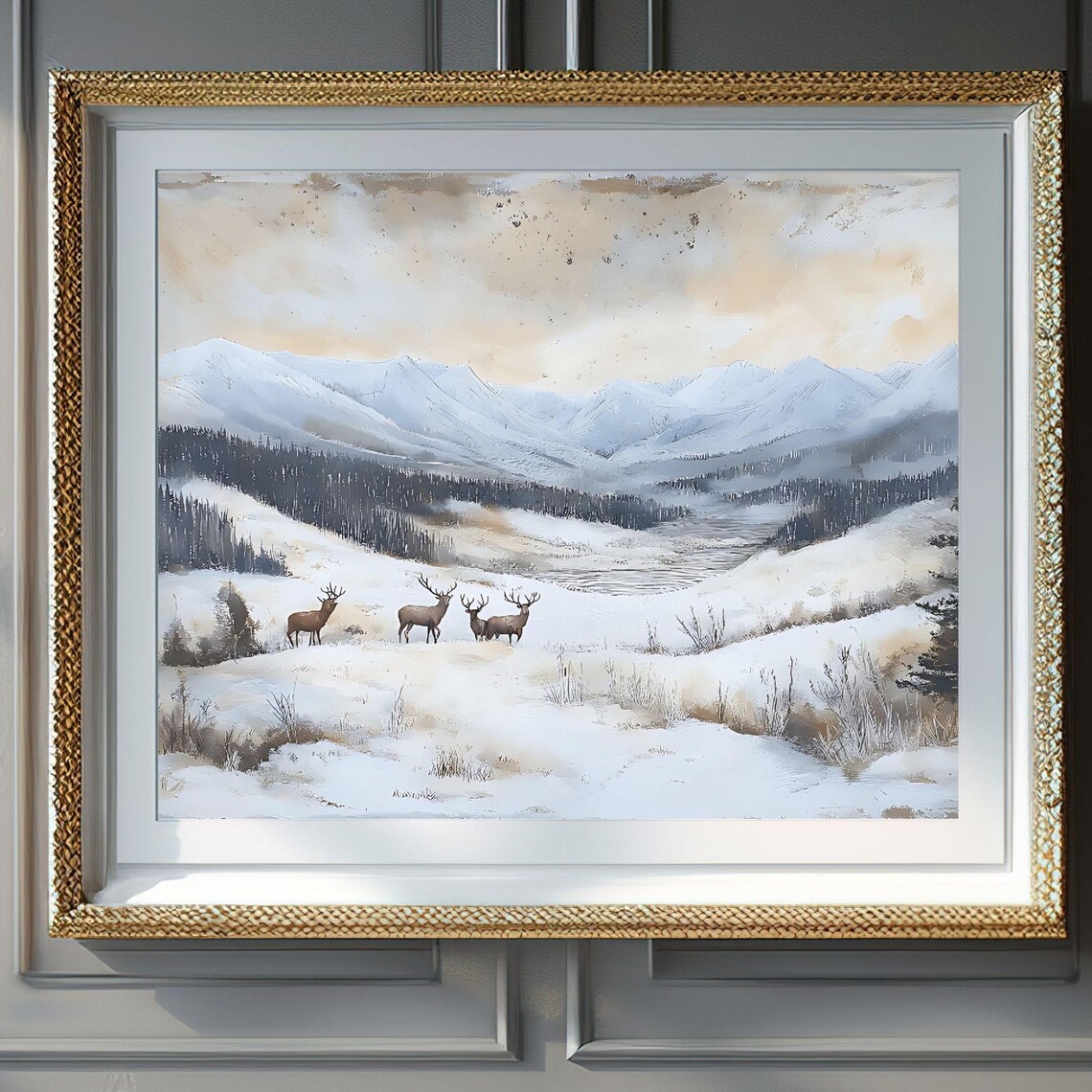 Winter Herd of Deer in a Snowy Mountain Valley Watercolor Poster