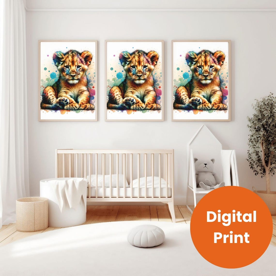Colorful Watercolor Lion Cub Splash Nursery Animal Wall Decor Poster - Image 3