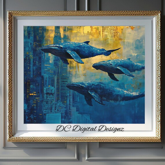 Blue Whales Flying Over City Gold Sky Surreal Ocean Art Poster