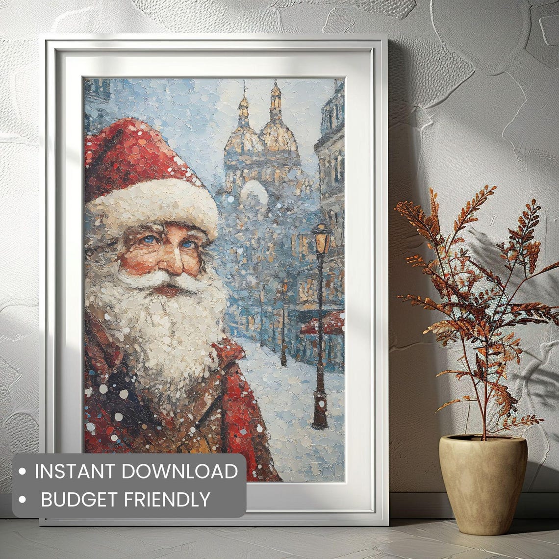 Santa in Snowy Paris Street Impressionist Christmas Art Poster - Image 2
