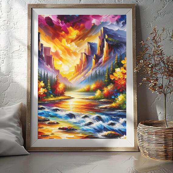 Mountain River Rapids Sunrise Golden Peaks Vibrant Art Poster