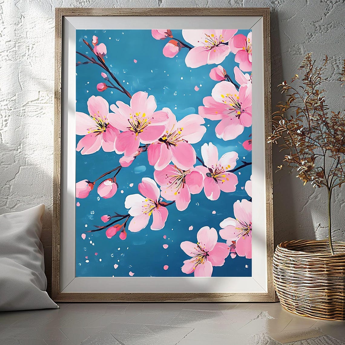 Cherry Blossom Pink Flowers Teal Background Modern Art Poster