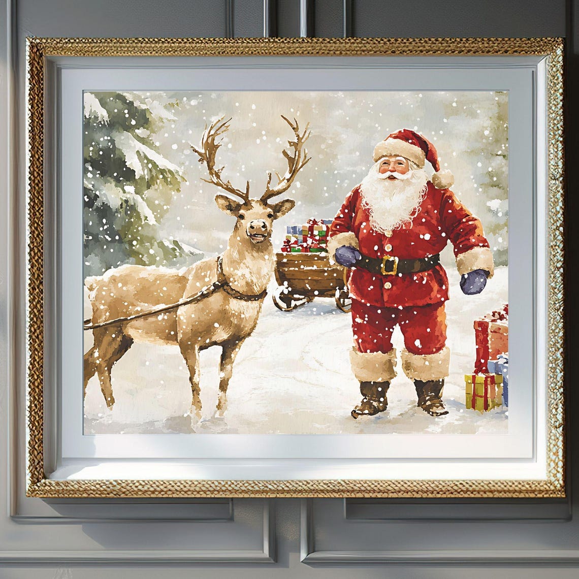 Santa Claus Walking Reindeer Gift Sleigh Fresh Snow Watercolor Poster