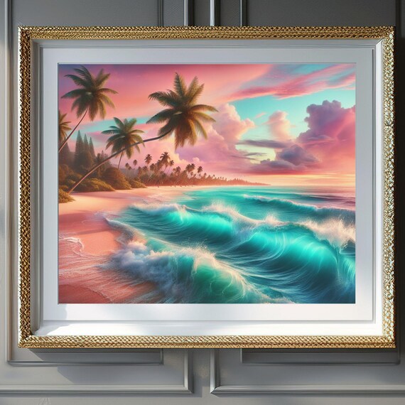 Tropical Beach Sunset Palm Trees Turquoise Waves Pink Sky Poster