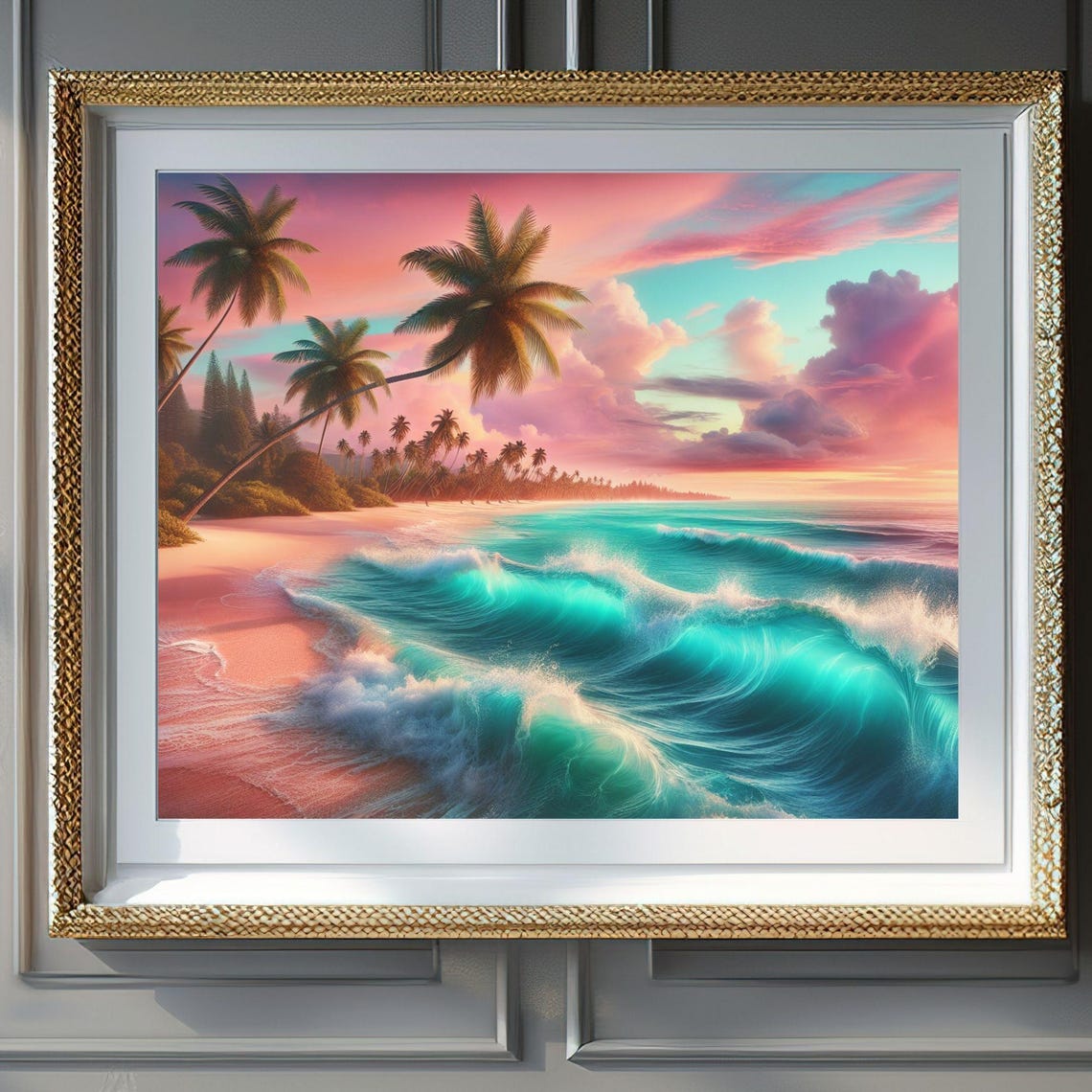Tropical Beach Sunset Palm Trees Turquoise Waves Pink Sky Poster