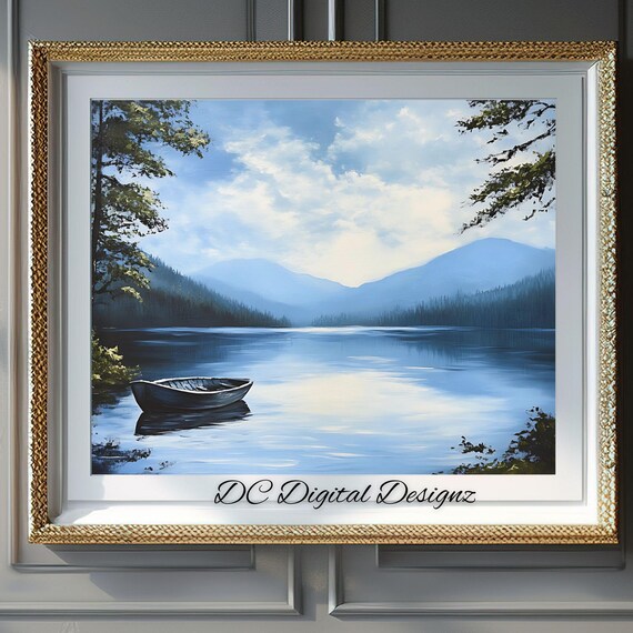 Blue Mountain Lake with Lone Rowboat Pine Trees Oil Landscape Poster