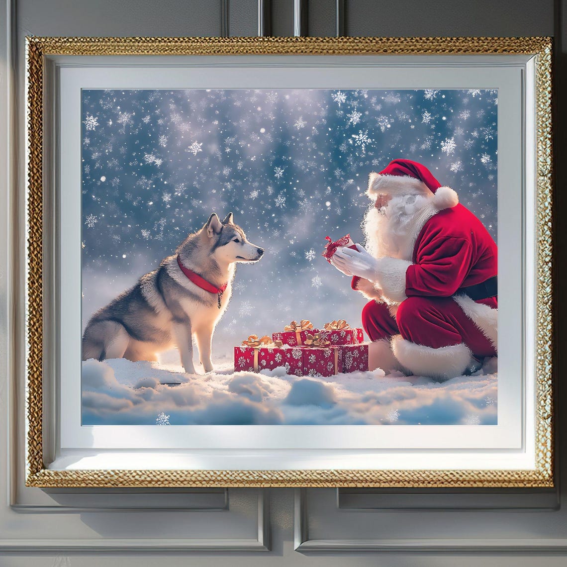 Santa Claus Surprising Husky With Presents Snowfall Holiday Poster