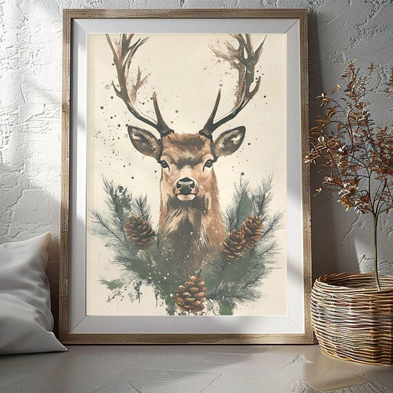 Watercolor Stag Head with Pine Boughs and Rustic Pinecones Poster
