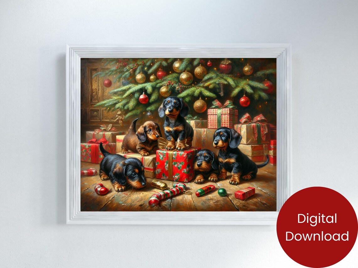Dachshund Puppies Playing Under Christmas Tree Gifts Holiday Poster - Image 2