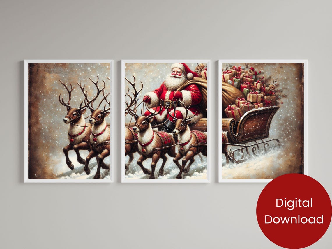 Santa Claus Reindeer Sleigh Vintage Triptych Set Holiday Poster - Image 3
