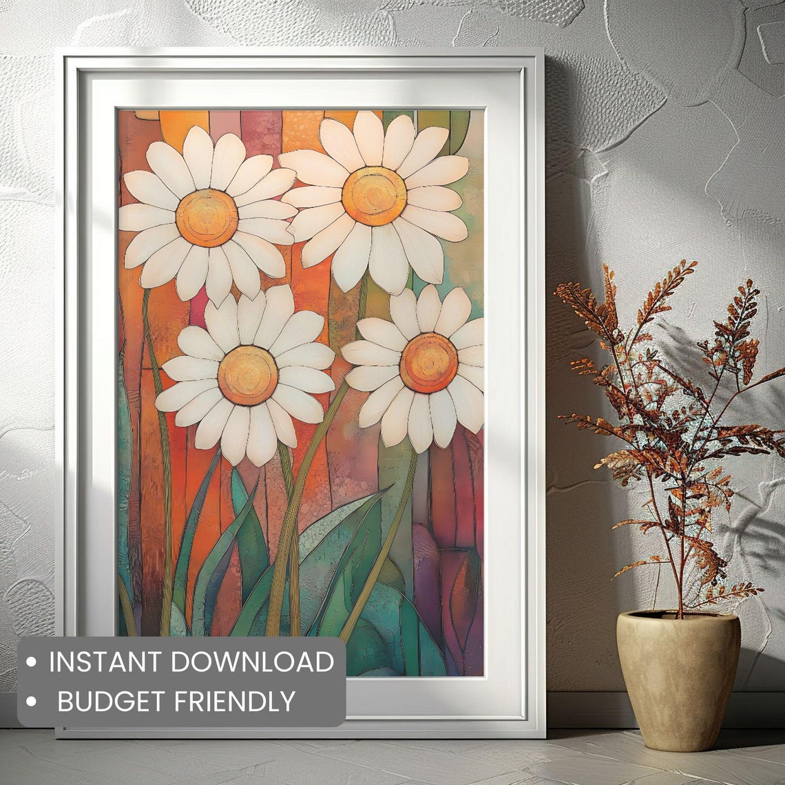 Colorful Abstract Daisy Flowers Modern Botanical Wall Decor Poster - Image 2