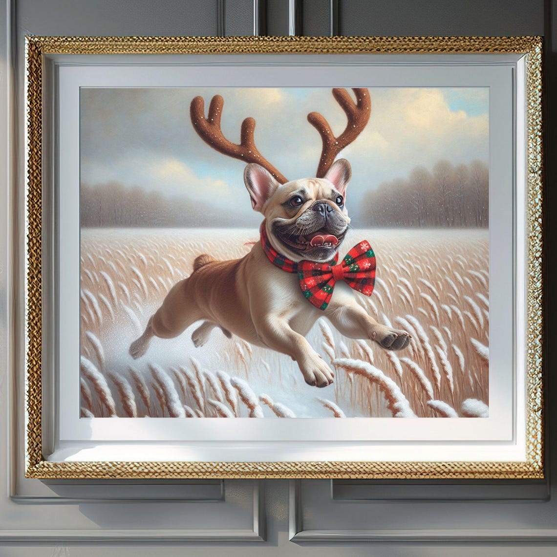 Christmas Wall Art French Bulldog With Antlers Art Running In Snowy Field Christmas Pet Art Winter Dog Illustration