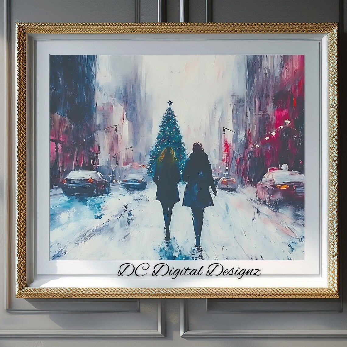 Snowy Christmas City Street at Evening Oil Painting Festive Poster