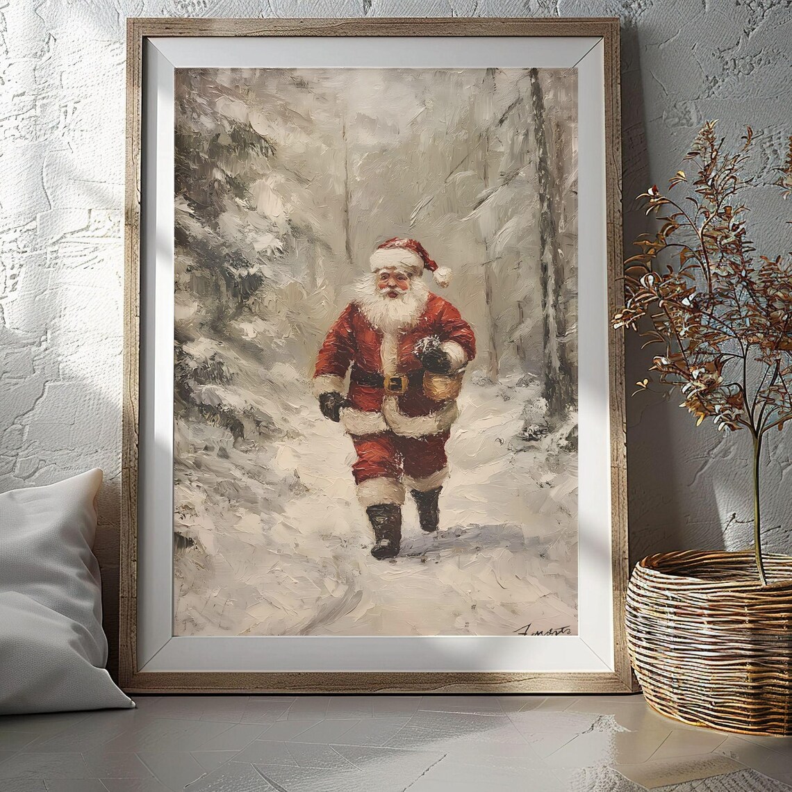 Santa Claus Strolling Through Snowy Winter Woods Vintage Poster