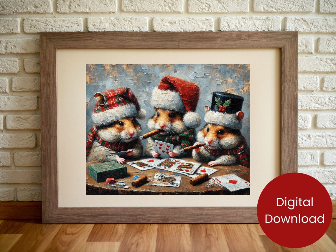 Hamsters Playing Cards In Santa Hats Cute Christmas Poker Poster