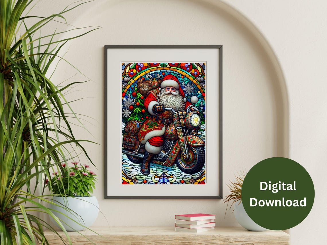 Santa Claus Riding Motorcycle Stained Glass Biker Holiday Poster