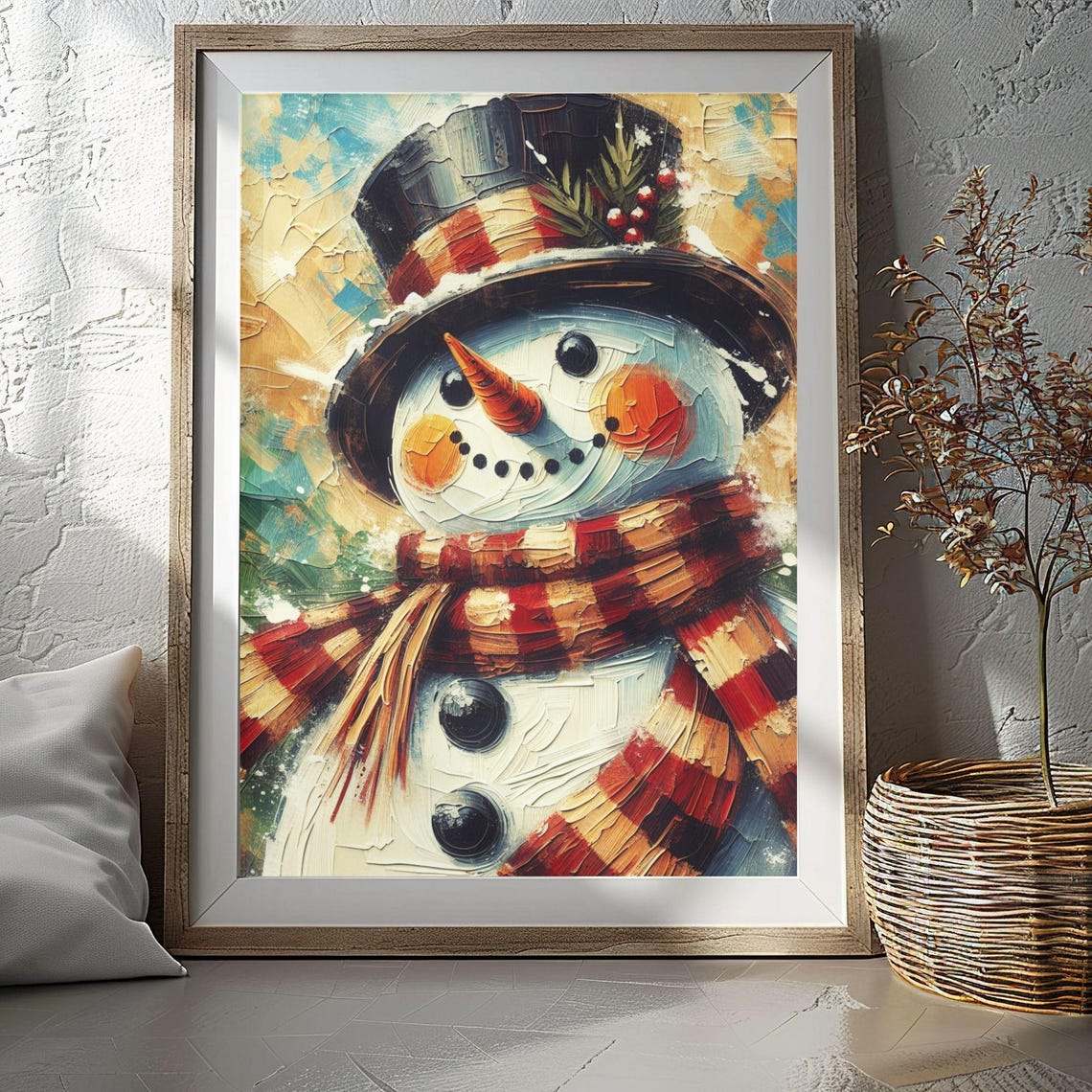 Smiling Snowman Top Hat Plaid Scarf Impasto Winter Christmas Poster
