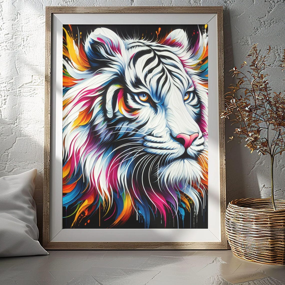 White Tiger Fierce Gaze Pink Orange Flame Abstract Wildlife Art Poster