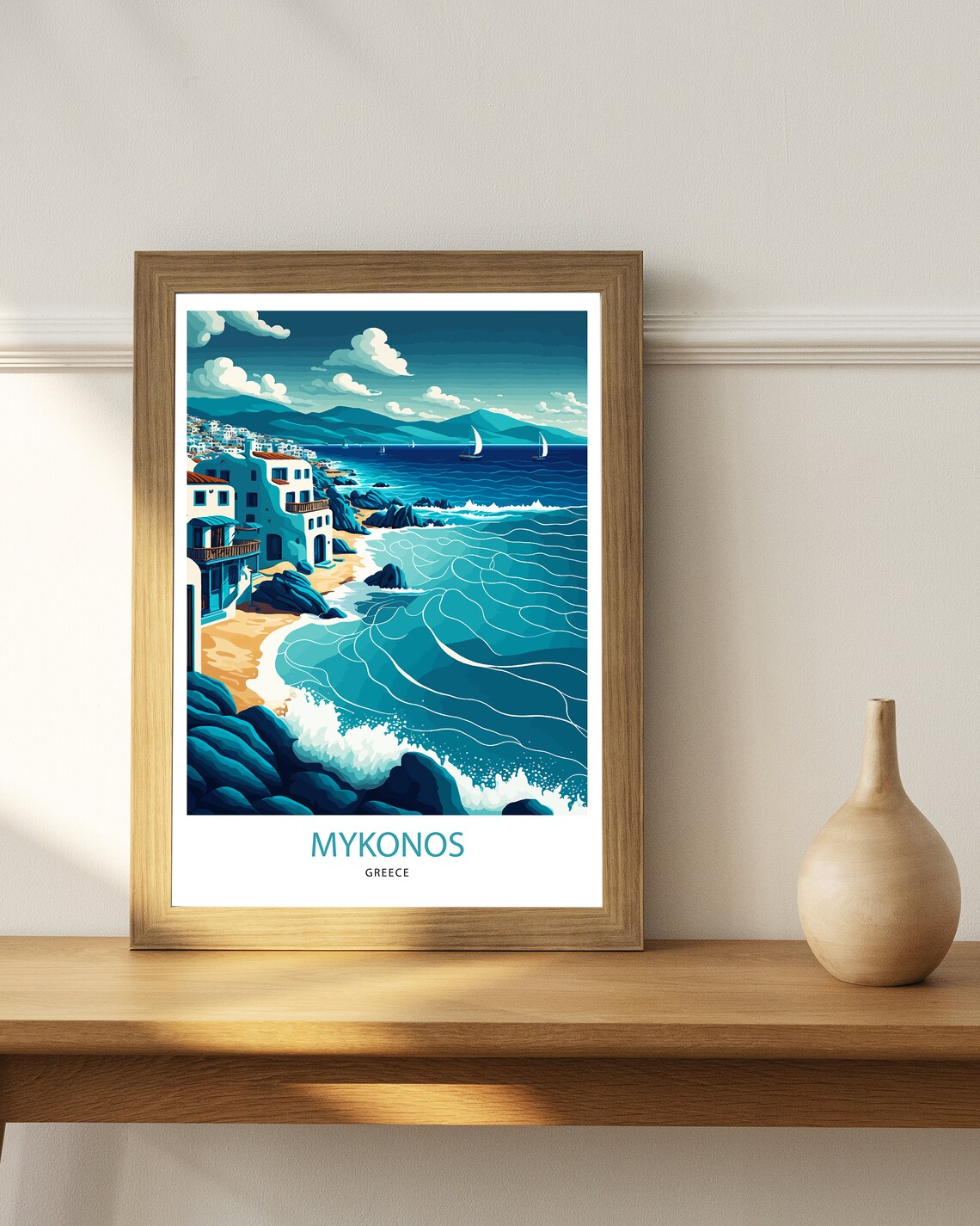 Mykonos Greece Whitewashed Coast Village Sailboats Travel Poster - Image 3