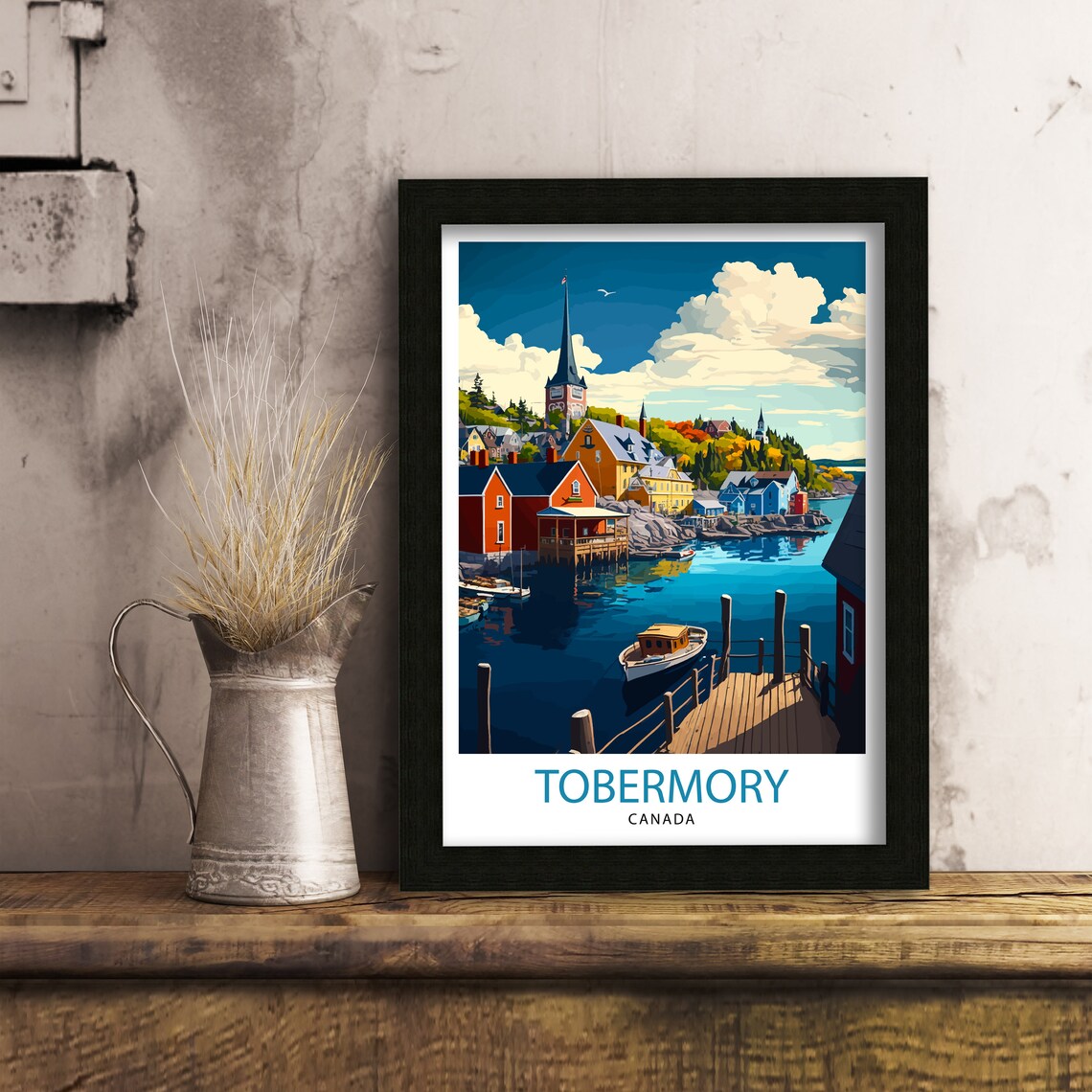 Tobermory Canada Harbor Village Boats Wooden Dock Scene Poster - Image 2