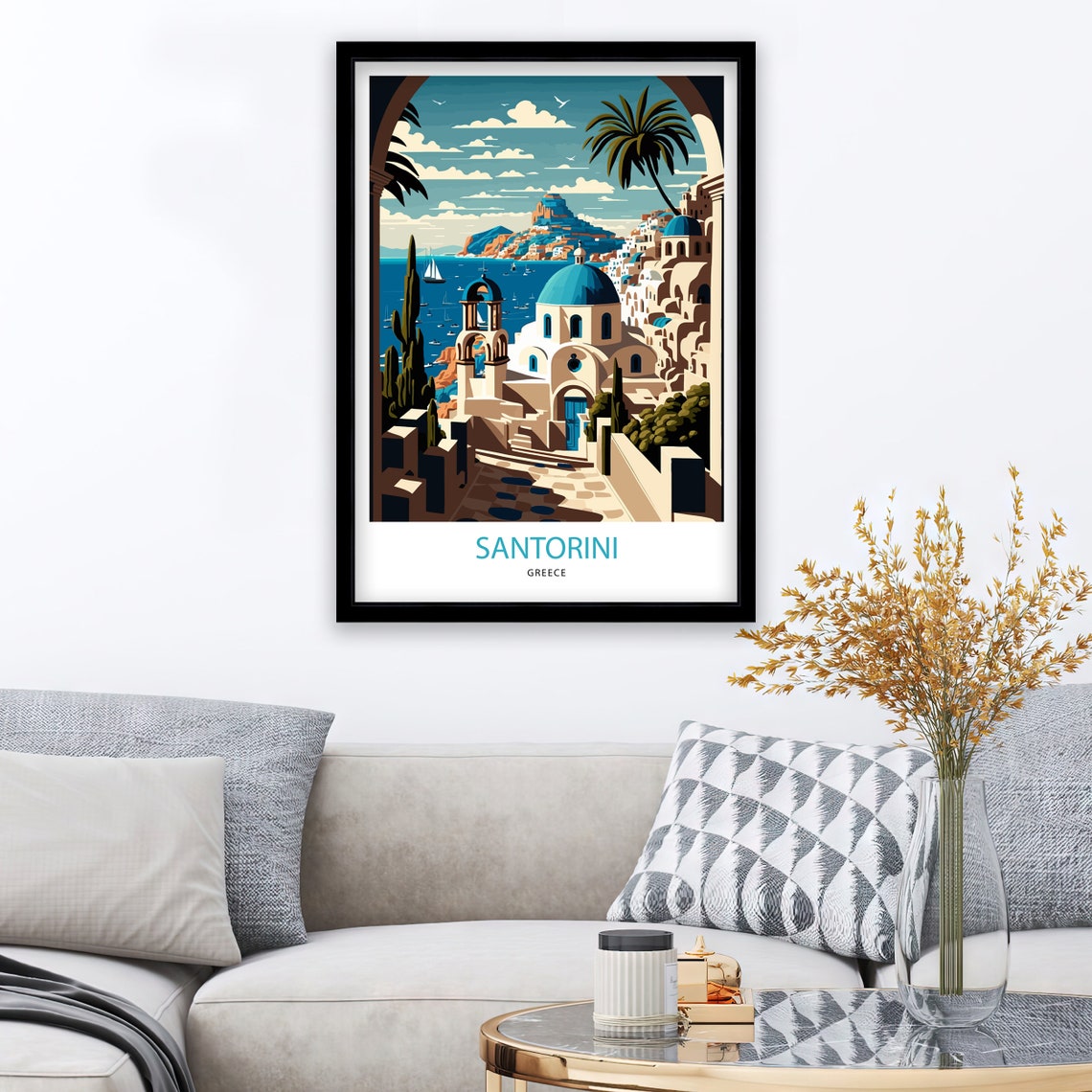 Santorini Greece Blue Domes Archway Caldera Vintage View Poster - Image 3