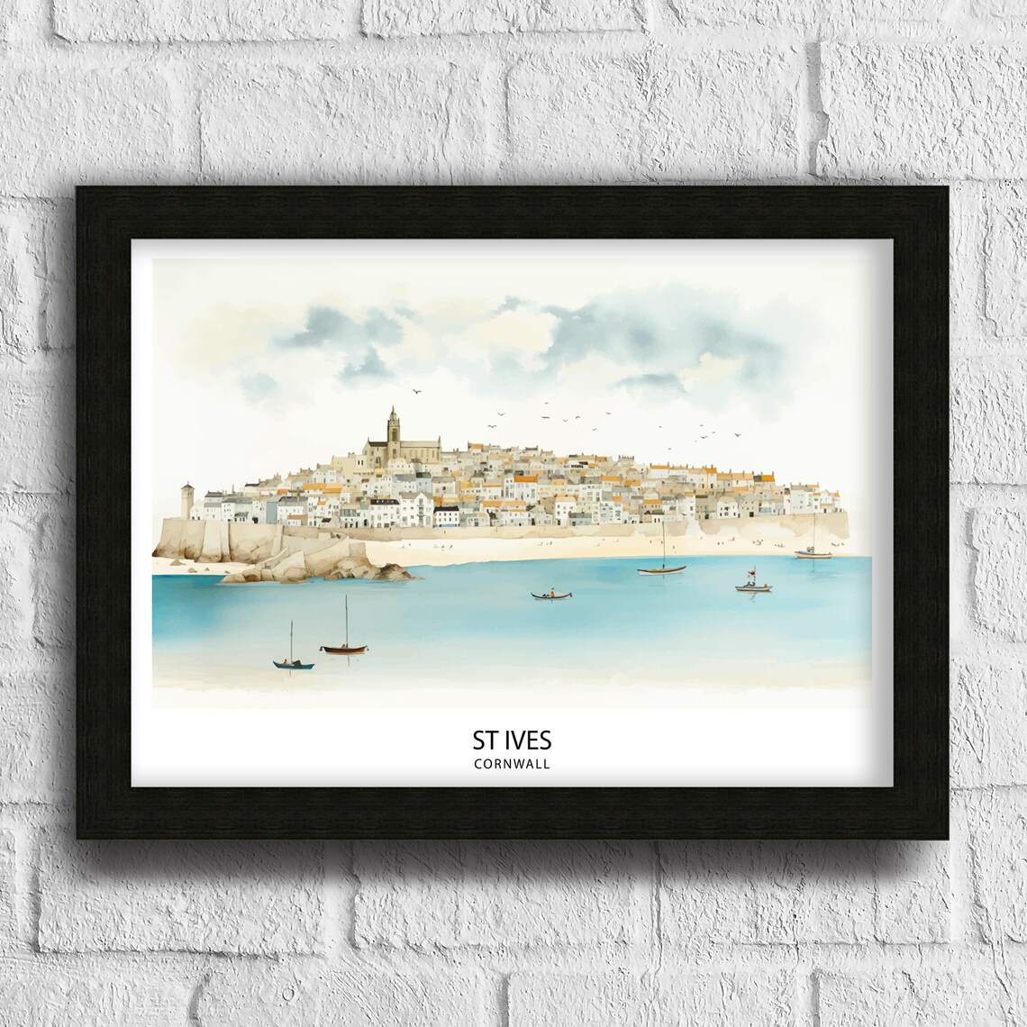 St Ives Cornwall Harbor Town Sailboats Watercolor Travel Poster - Image 3